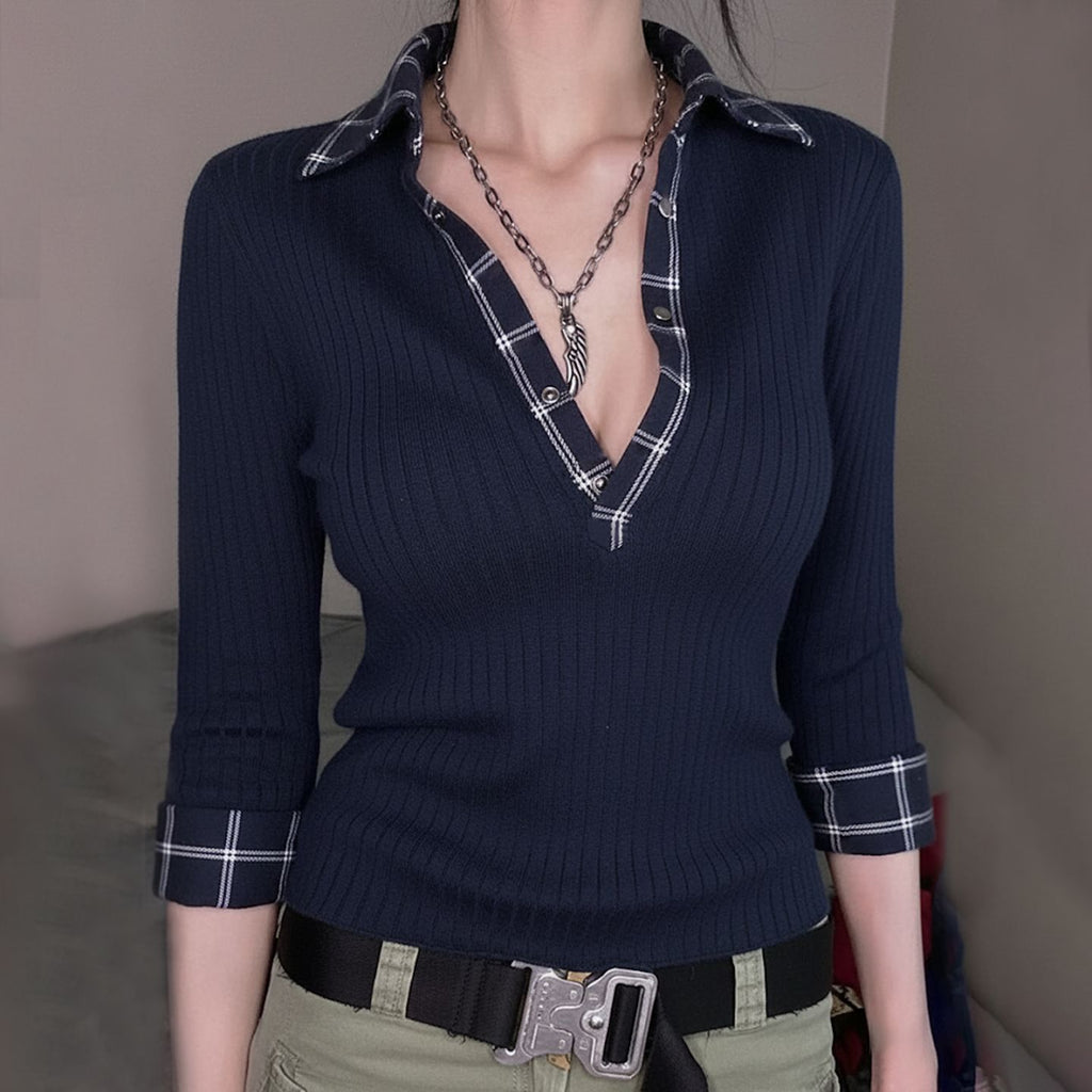 Retro Plaid V-Neck Long Sleeve Top