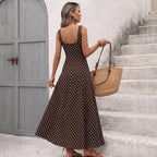 Coffee brown polka dot sleeveless ankle-length dress from the back