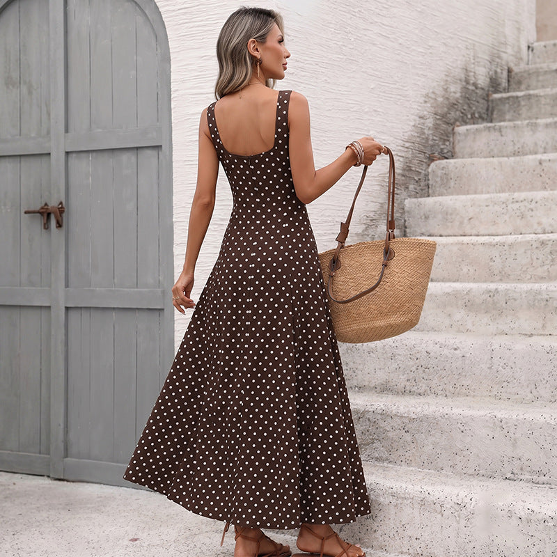 Coffee brown polka dot sleeveless ankle-length dress from the back