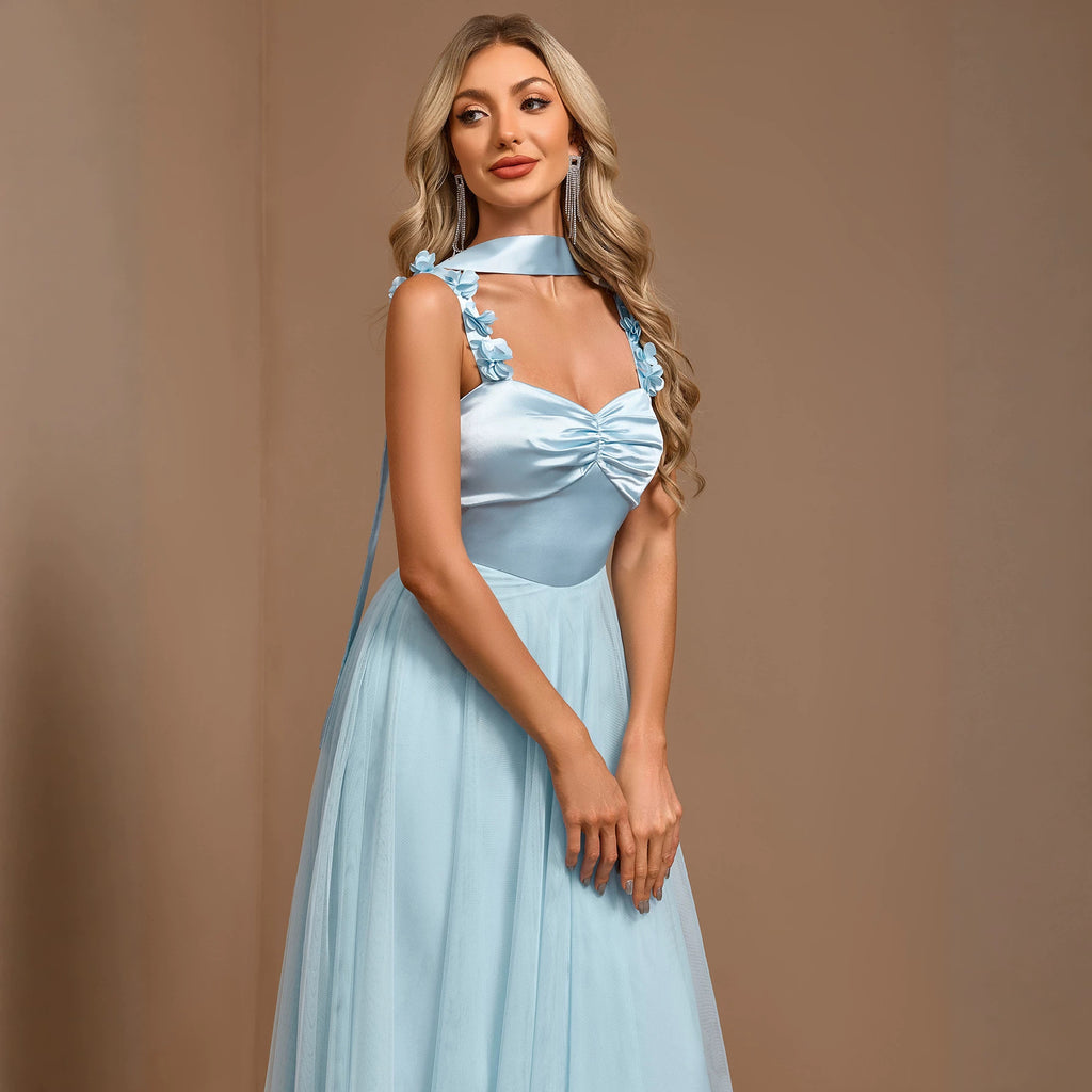 Turquoise halter floral dress with square neckline, ruched bust and floral straps