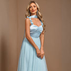 Turquoise halter floral dress with square neckline, ruched bust and floral straps