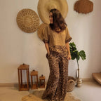 Women's Loose Stitching Short Sleeve Top High Waist Wide Leg Pants Two