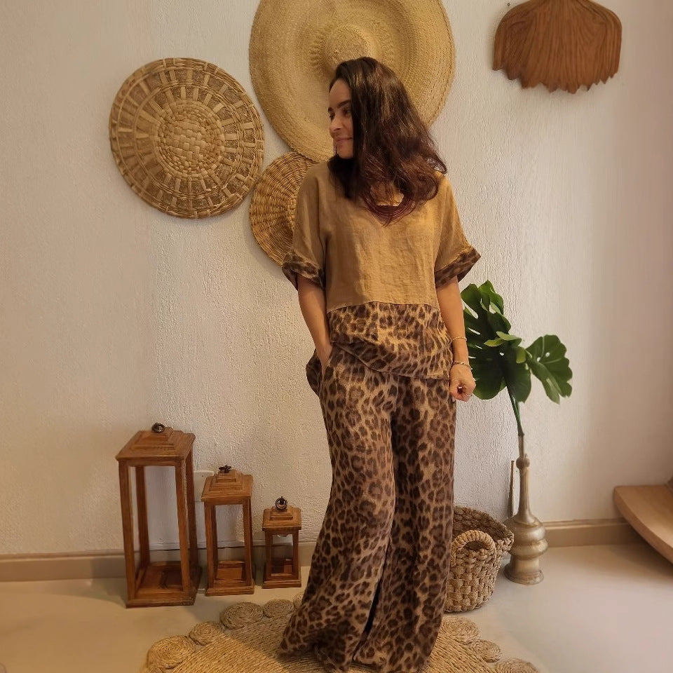 Women's Loose Stitching Short Sleeve Top High Waist Wide Leg Pants Two