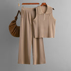 Zipper Knitted Collared Small Tank Top High Waist Casual Pants Two-Piece Set