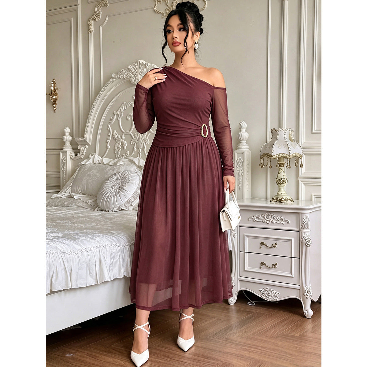 Plus Size Burgundy One-Shoulder Mesh Midi Dress