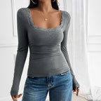 Women’s Gray Ribbed Square Neck Long Sleeve Top