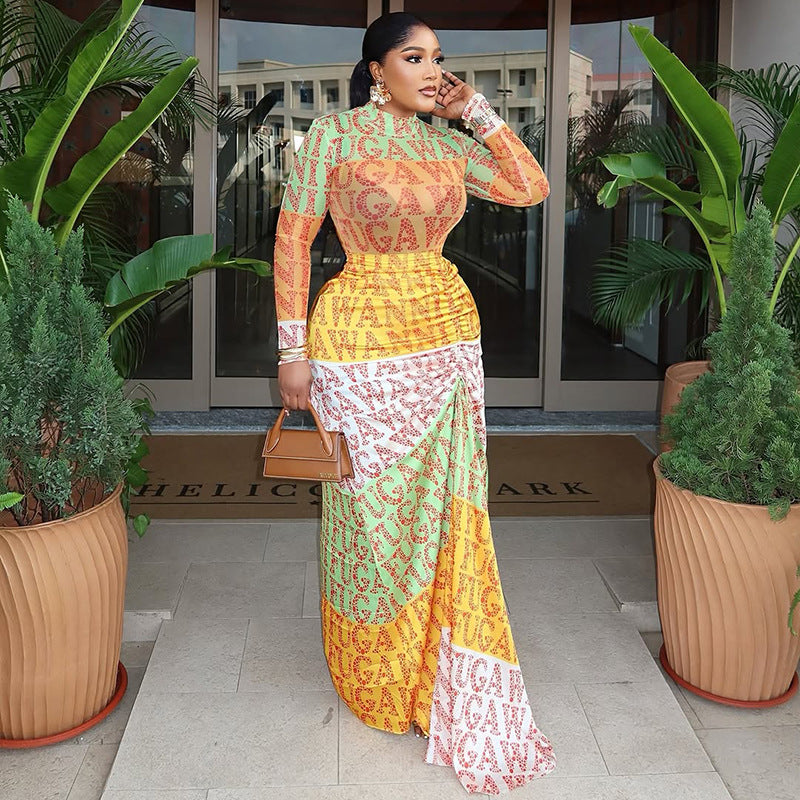 Printed Elegant Office Waist Hip High Collar Long Sleeve Skirt Dress