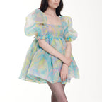 Women's Lace-Trim Printed Square-Neck Puff-Sleeve Dress