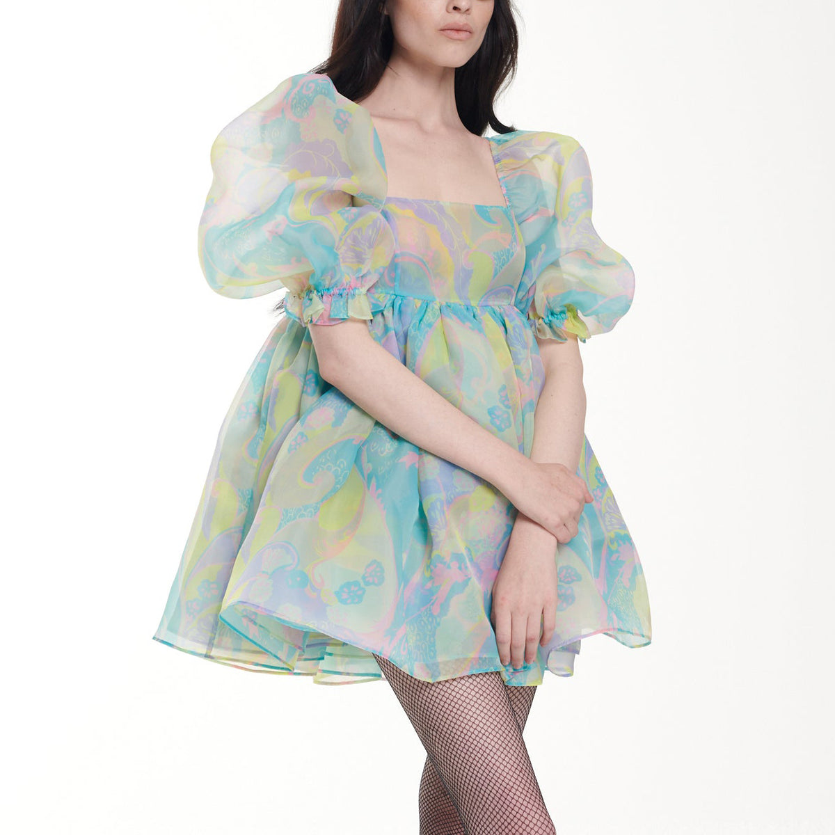 Women's Lace-Trim Printed Square-Neck Puff-Sleeve Dress