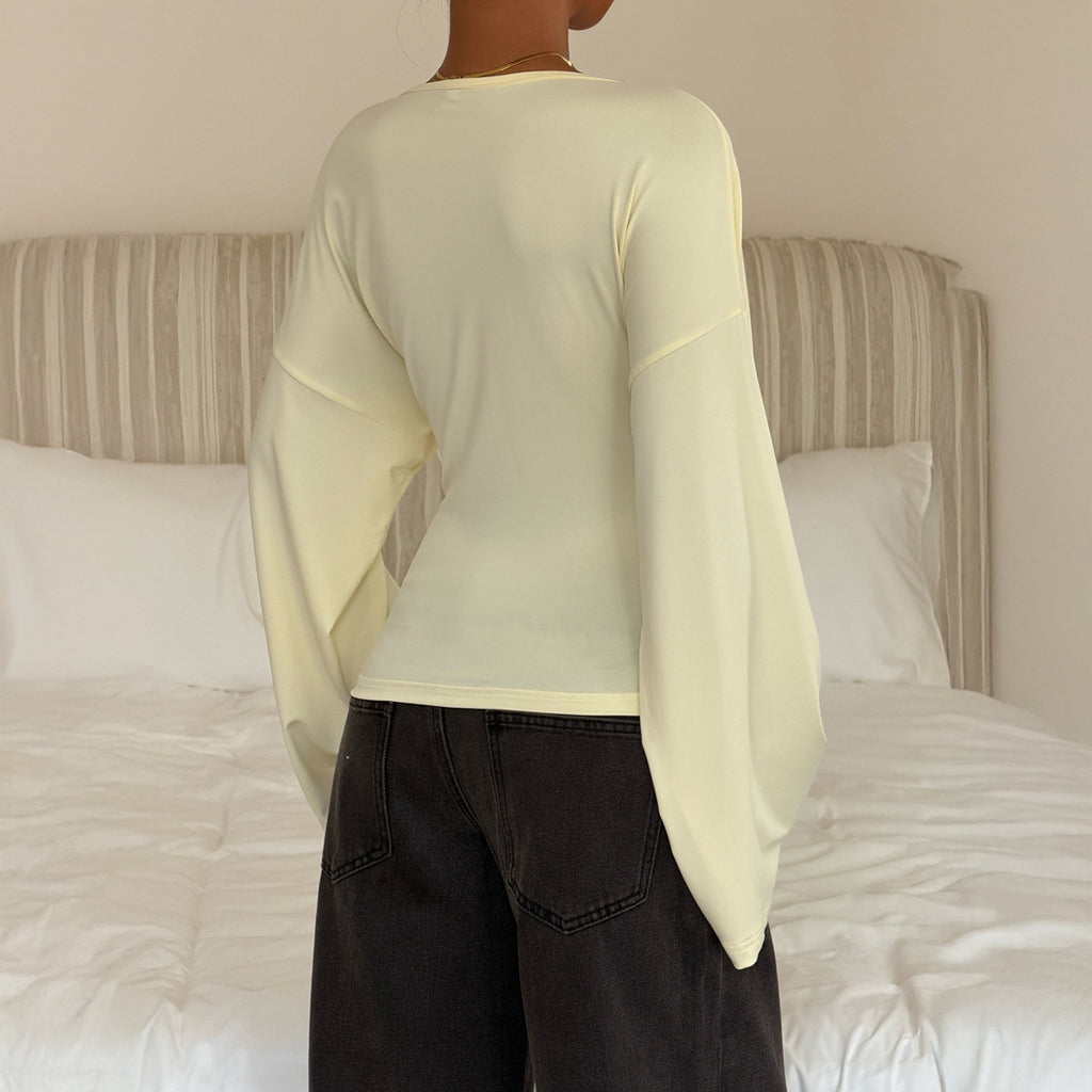 Women's Clothing Autumn Elegant Flared Long Sleeve Waist Trimming Top