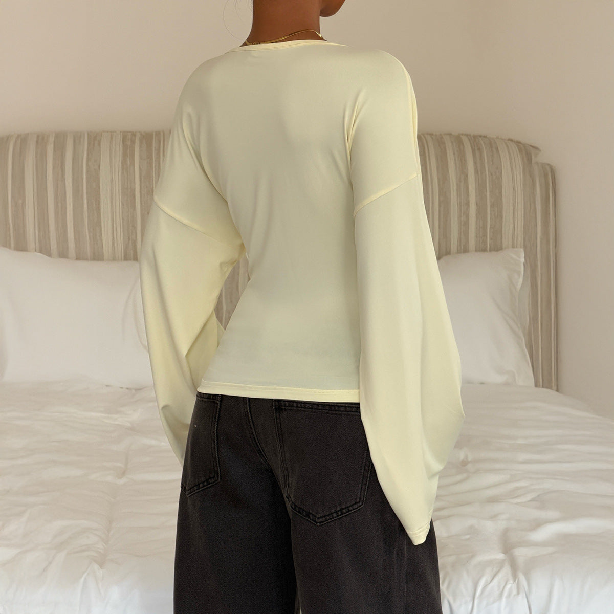 Women's Clothing Autumn Elegant Flared Long Sleeve Waist Trimming Top