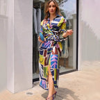 Printed V-Neck Belted Long-Sleeve Maxi Dress