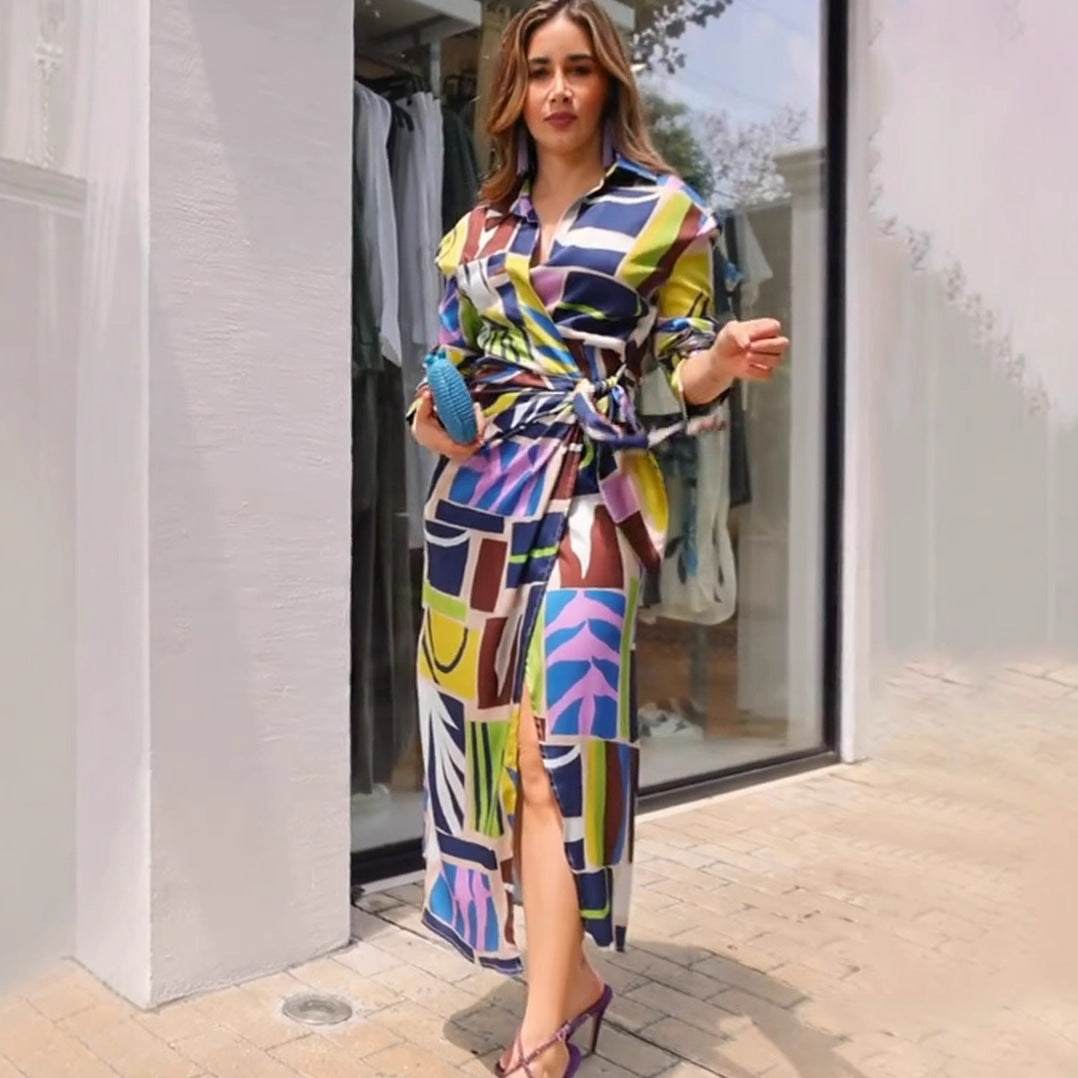 Printed V-Neck Belted Long-Sleeve Maxi Dress