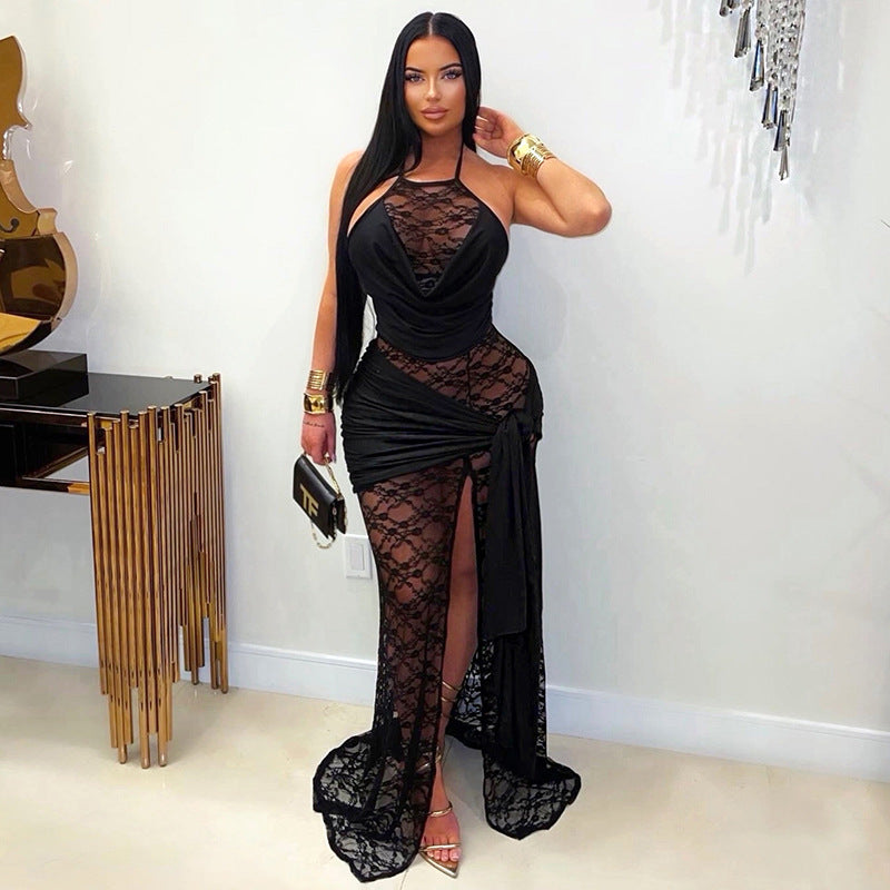 Black lace halter dress with side slit and gathered sheer lace