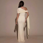 Light yellow off-shoulder maxi dress, ruched back and draped shoulder detail
