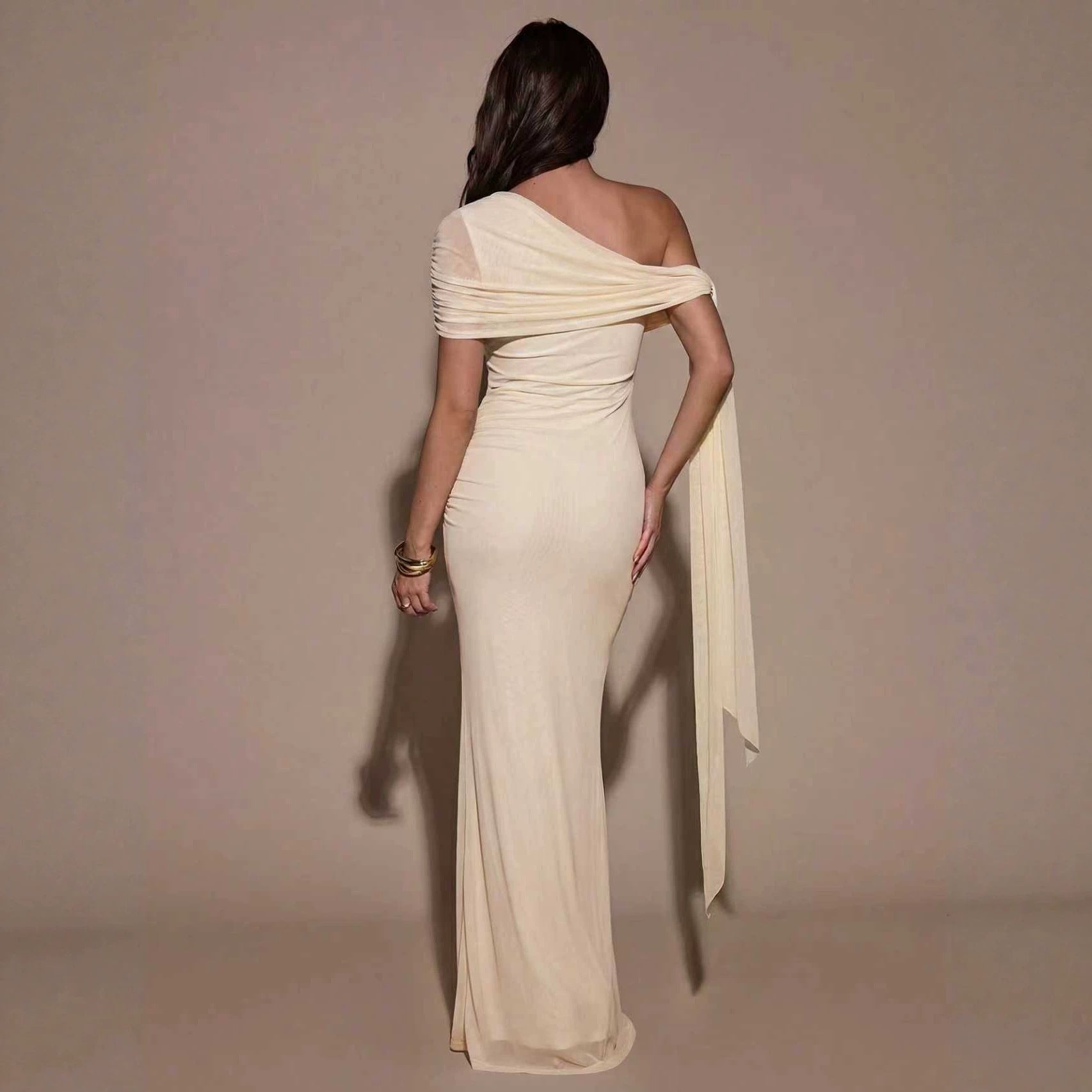 Light yellow off-shoulder maxi dress, ruched back and draped shoulder detail