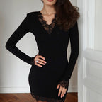 Black Lace V-Neck Long-Sleeve Bodycon Mini Dress