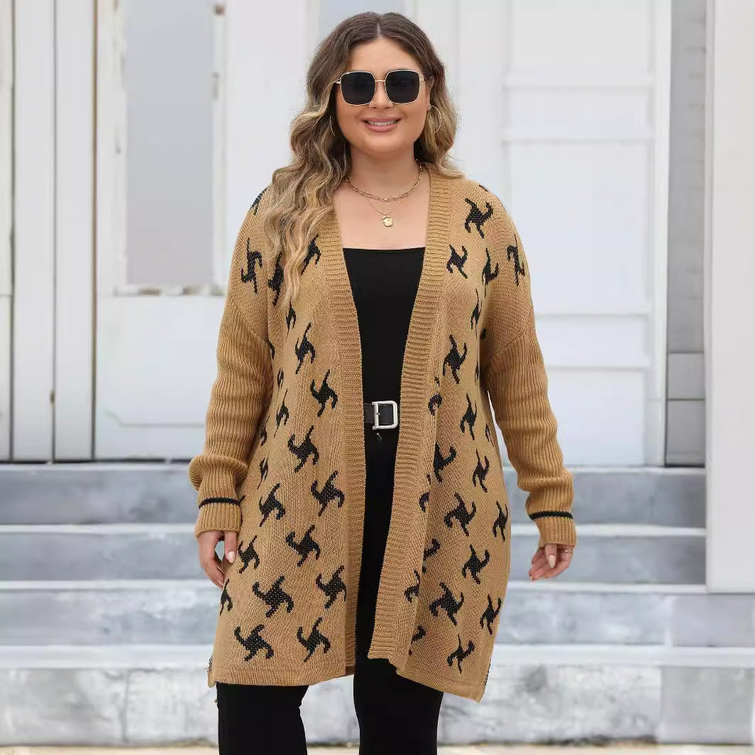 Plus Size Women Cardigan Jacquard Woven Shirt Autumn Winter Thick Sweater Card Coat
