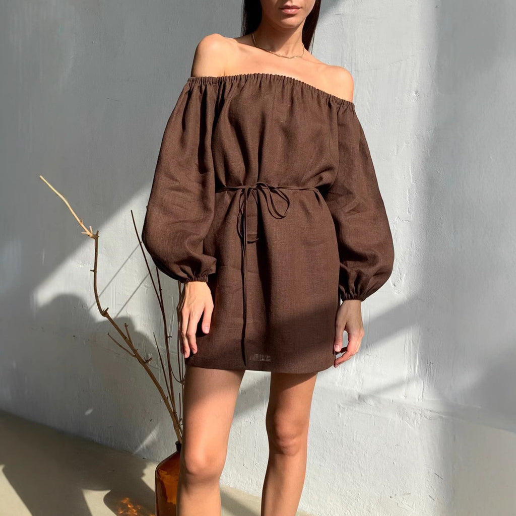 Long-Sleeve Off-Shoulder Cotton Short Dress Brown Puff Sleeve