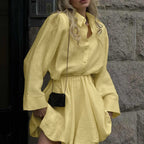 Women's Collared Cardigan Top & Bubble Skirt Set