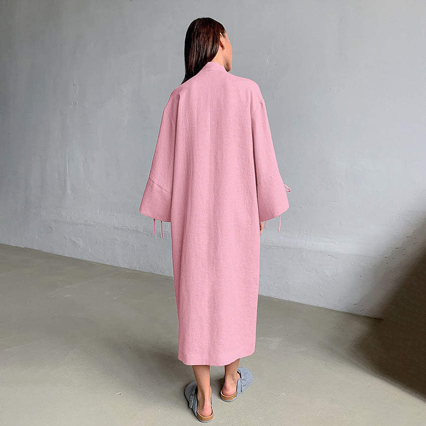 Autumn Pink Cotton Cardigan Lace up Nightgown Loose Comfortable Long Sleeve Long Women Homewear
