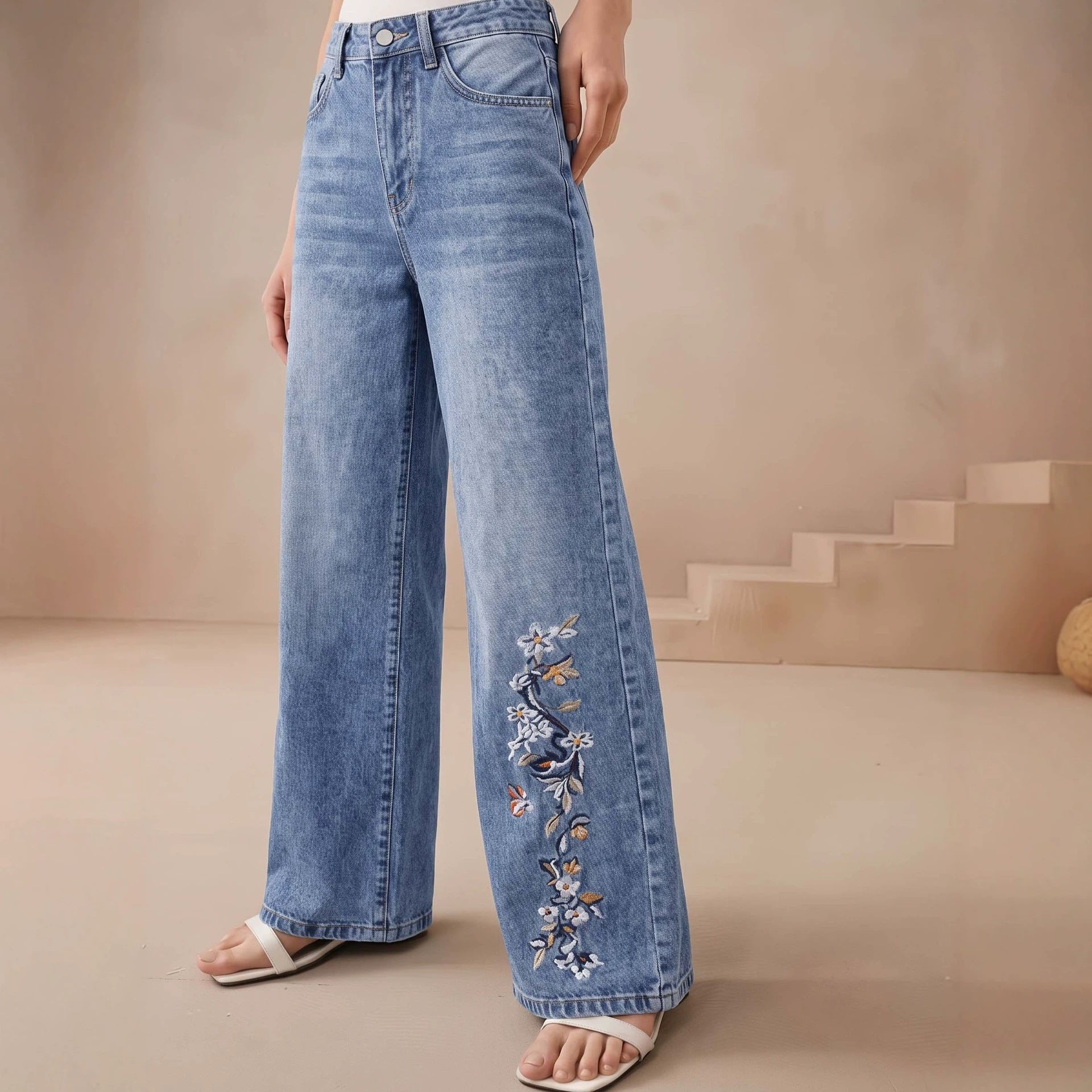 Women's Embroidered Wide Leg Jeans Women Summer High Waist Drooping High Slimming Loose All Matching Straight Pants