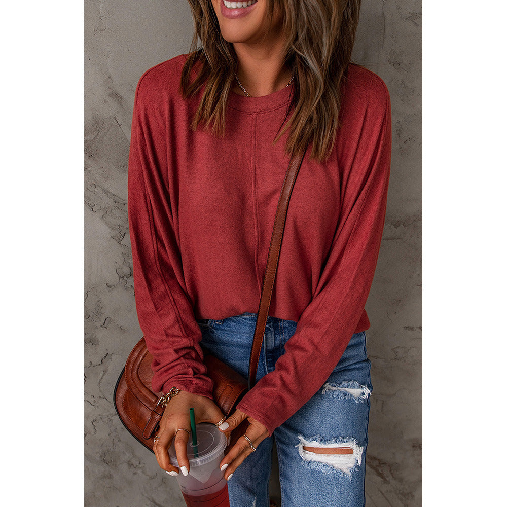 Women's Red Patchwork Long Sleeved Top Women Casual All Matching Base T Shirt