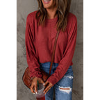 Women's Red Patchwork Long Sleeved Top Women Casual All Matching Base T Shirt