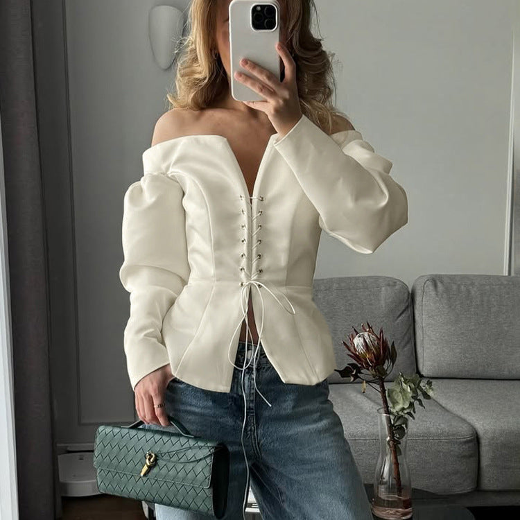 Women's Off-Shoulder Lace-Up Long Sleeve Top