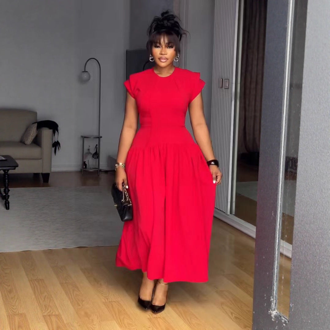 Ruched Short-Sleeve A-Line Maxi Dress
