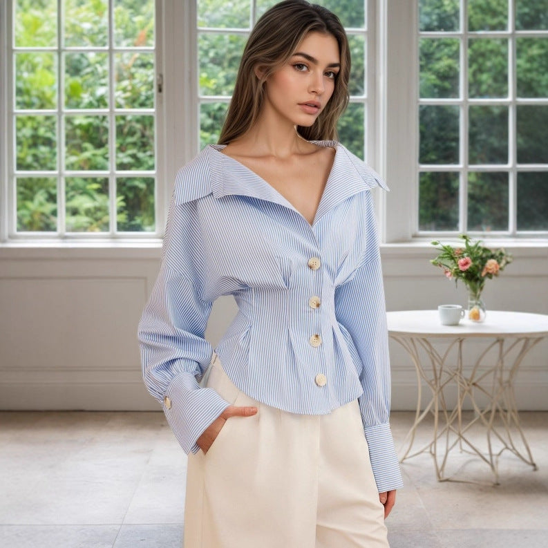 Women's Elegant Shirt Elegant Collared Puff Sleeve Pleated Waist Tight All Match Striped Long Sleeved Top