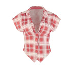 Women's Casual Women Color Matching Printed Holiday T Shirt Comfortable V Neck Shirt Short Sleeve Button Top