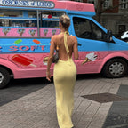 V-Neck Halter Backless High Waist Solid Color Dress