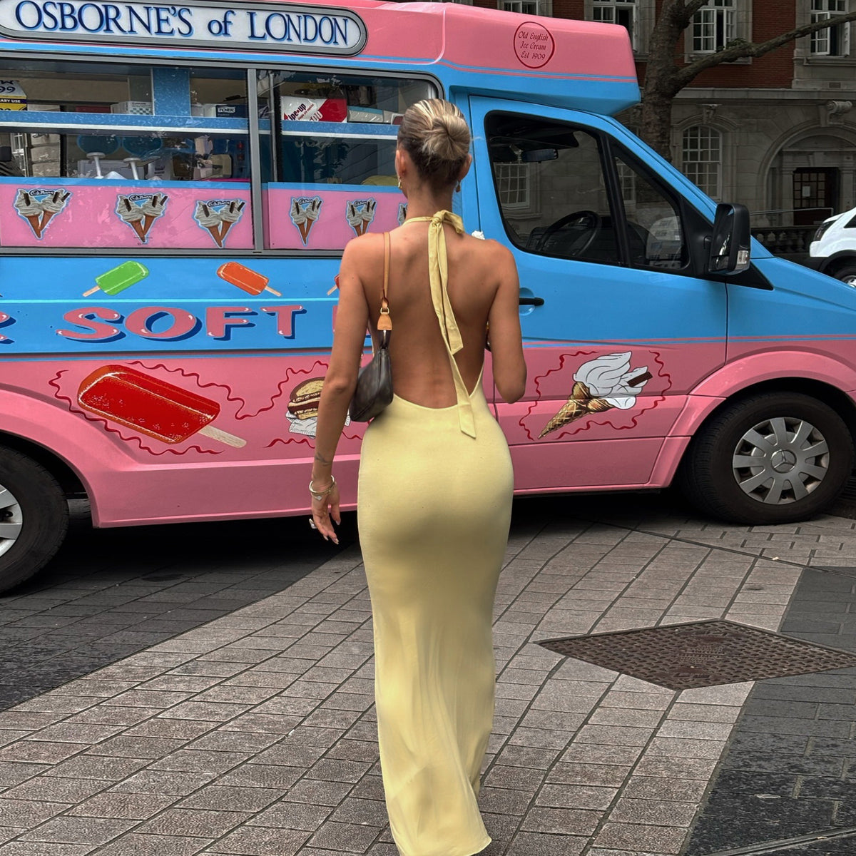 V-Neck Halter Backless High Waist Solid Color Dress