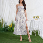 Blue and white lace backless midi dress with square neckline and side slit