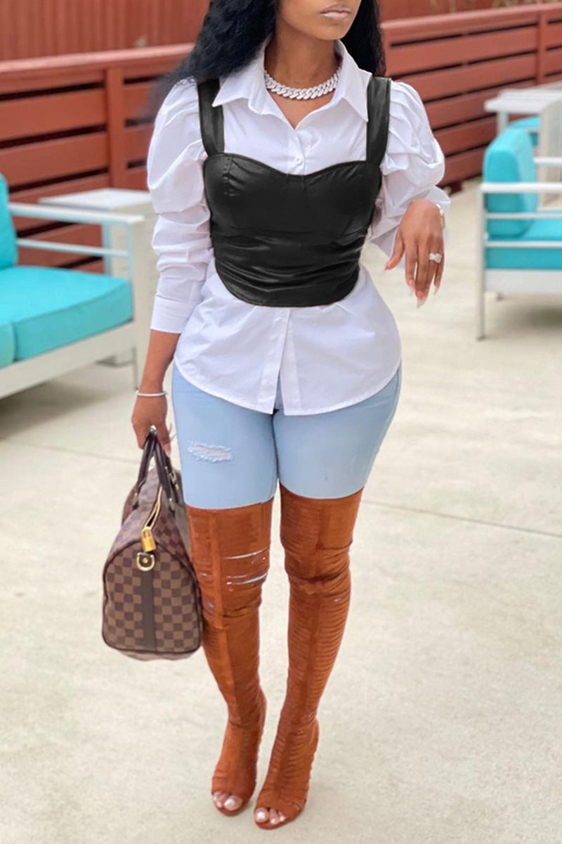 Solid Color Faux Leather Sleeveless Spaghetti Straps Corset