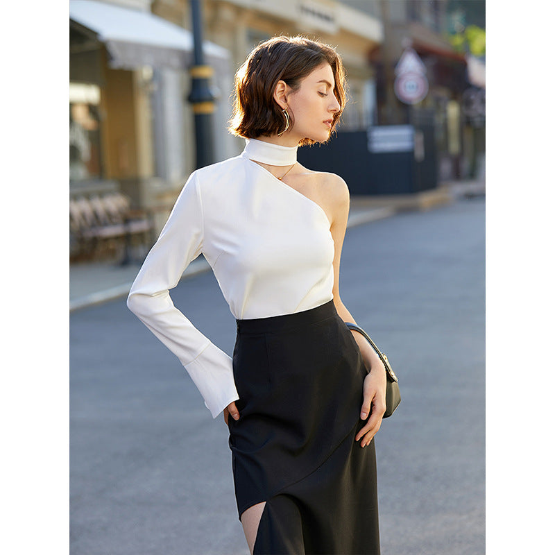 Women’s White Asymmetric Ruffle One Shoulder Top