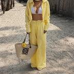 Women Clothing Summer Vacation Casual Long Sleeved Button Shirt Long Pants Set