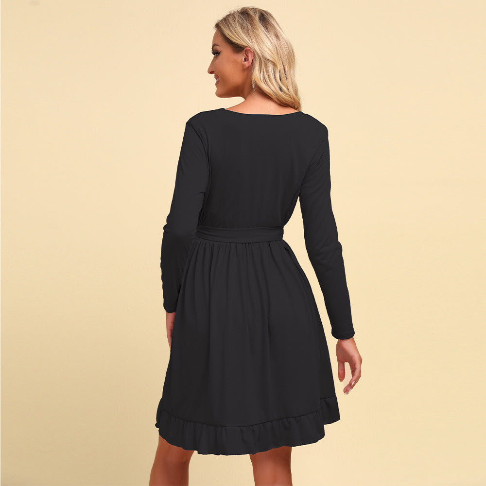 Women's Spring Autumn Slim Fit Generous Solid Color V-Neck Lace-Up Long Sleeve Casual Short Dress