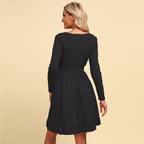 Women's Spring Autumn Slim Fit Generous Solid Color V-Neck Lace-Up Long Sleeve Casual Short Dress