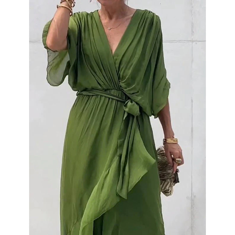 Solid Color Tied Maxi Dress Batwing Sleeve Irregular Asymmetric