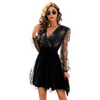 Women's New V-Neck Stitching Mesh Banquet Dress Waist Sequ Puff Sleeve Dress Women Formal Gown