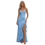 Light blue floral sheath maxi dress with sweetheart bodice, spaghetti straps, and slit