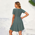 Women's Knitted Embroidered Hollow Out Cutout Cross Collar Elastic Waist A Line T Shirt Short Dress Women