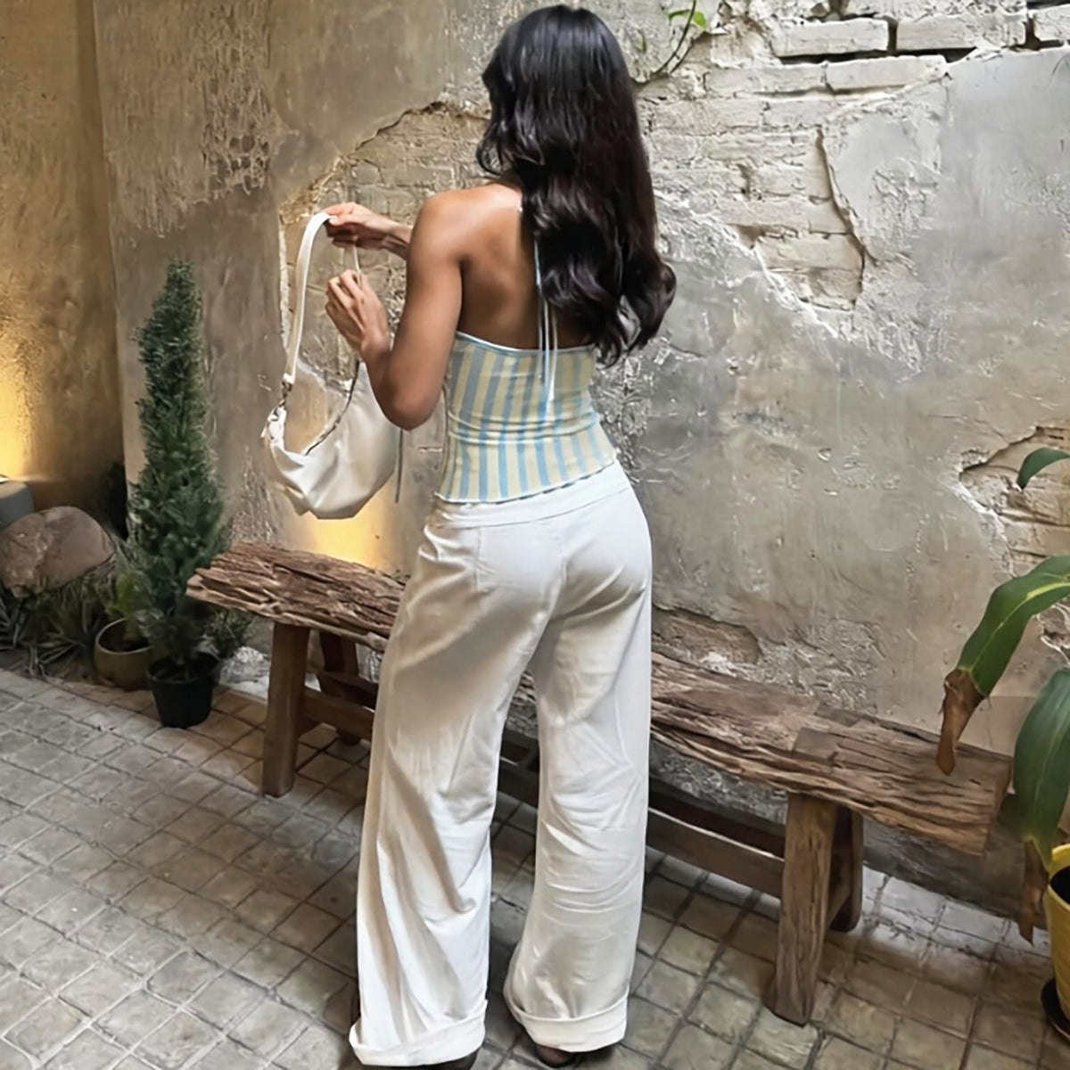 Women's Beaded Backless Striped Vest Top