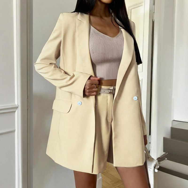Women's Spring Women's Long Sleeve Coat Shorts Two Piece Sets