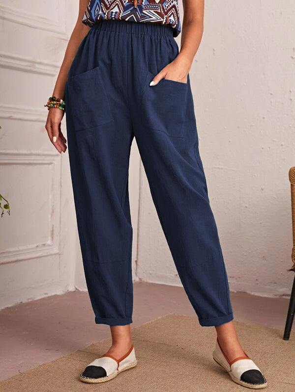 Four Seasons Cotton Linen Cropped Elastic Waist Pants