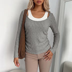 Long Sleeve Women Knitted Sweater Autumn Winter Sunken Stripe Assorted Colors False Two Piece Inner Bottoming Top