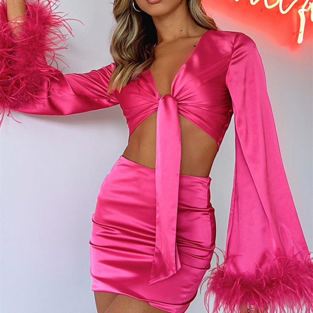 Women's Satin Feather V Neck Top and Skirt Two-Piece Set