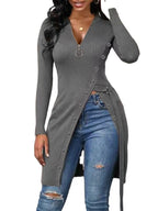 Women's V-Neck Long Sleeve High Slit Thread Zipper T-Shirt